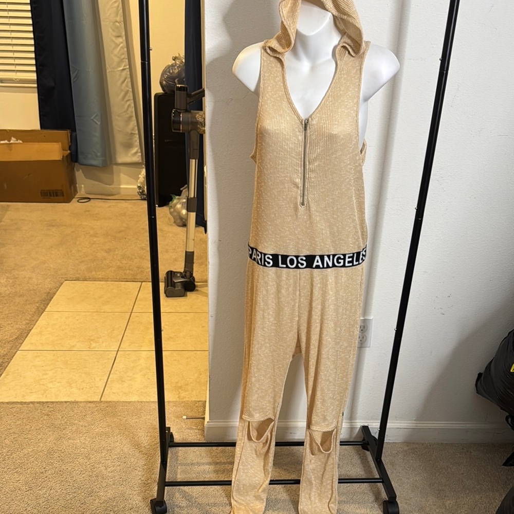 Gold Hooded Jumpsuit with City Print Waistband